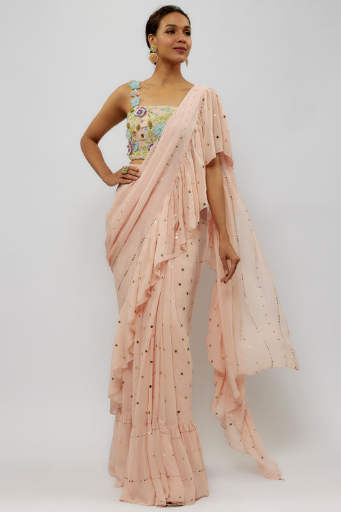 Blush Pink Embroidered Choli With Pre-Stitched Ruffle Saree