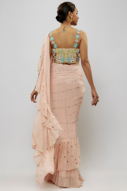 Blush Pink Embroidered Choli With Pre-Stitched Ruffle Saree