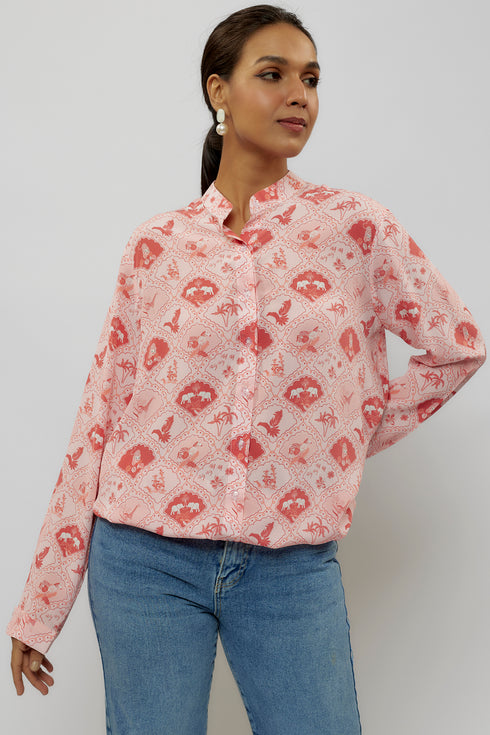 Blush Pink Printed Crepe Front Drawstring Top