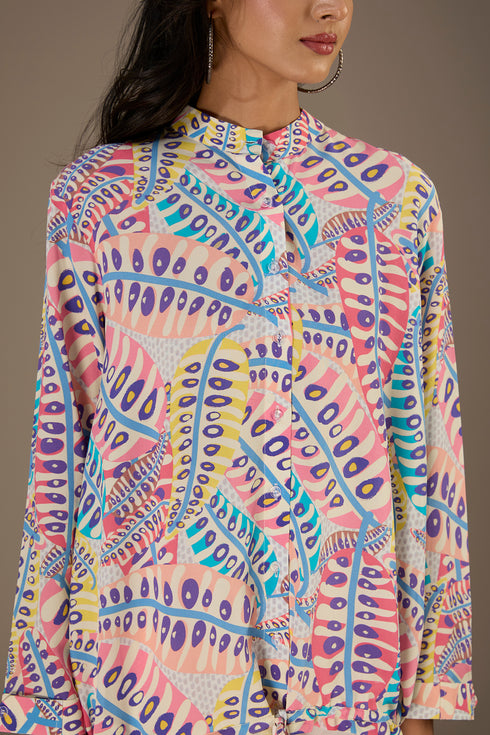 Blue Printed Crepe Top With Waist Tie Up