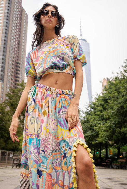 Emily Multi Psychedelic Print Crepe Balloon Top With Side Slit Gathered Skirt