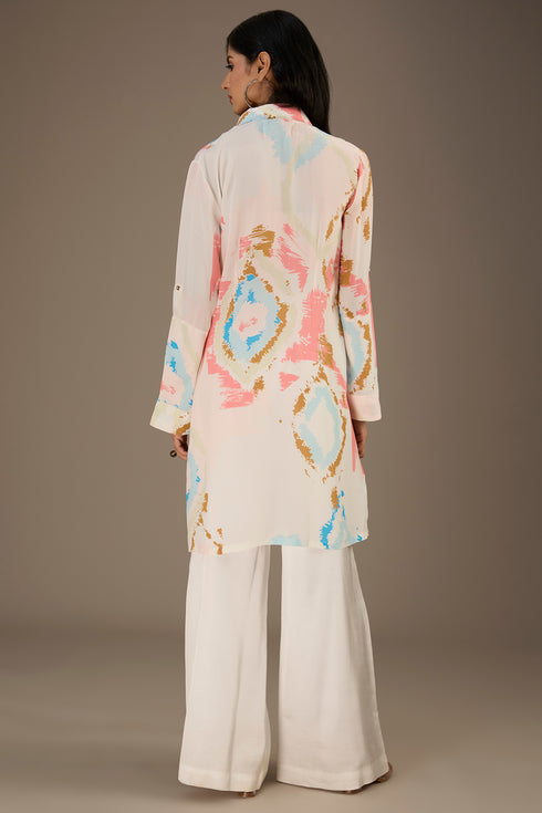 White Printed Roll-Up Sleeve Shirt Dress