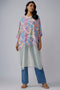 Blue Printed Crepe And Organza Raneem Tunic