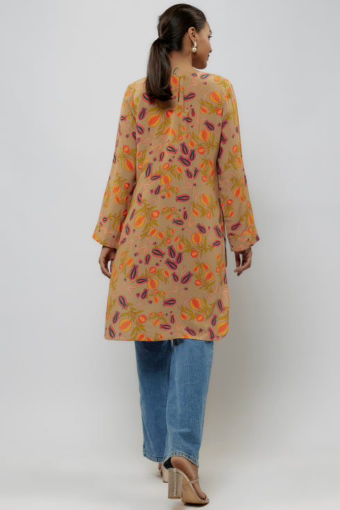 Brown Printed Crepe High Low Rolled Up Sleeves Tunic