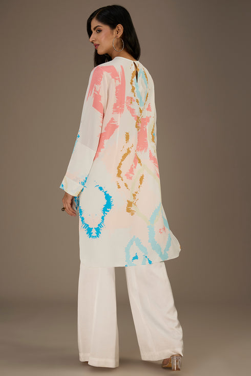 White Printed Rolled Up Sleeves High-Low Tunic