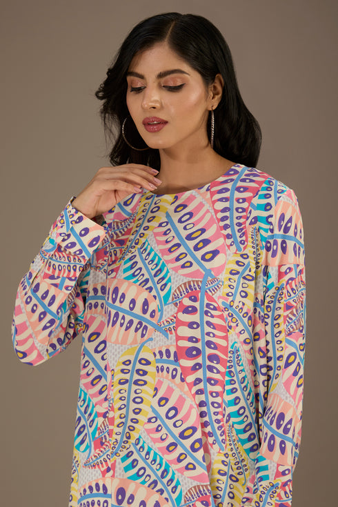 Blue Printed Crepe Tunic With Side Tail
