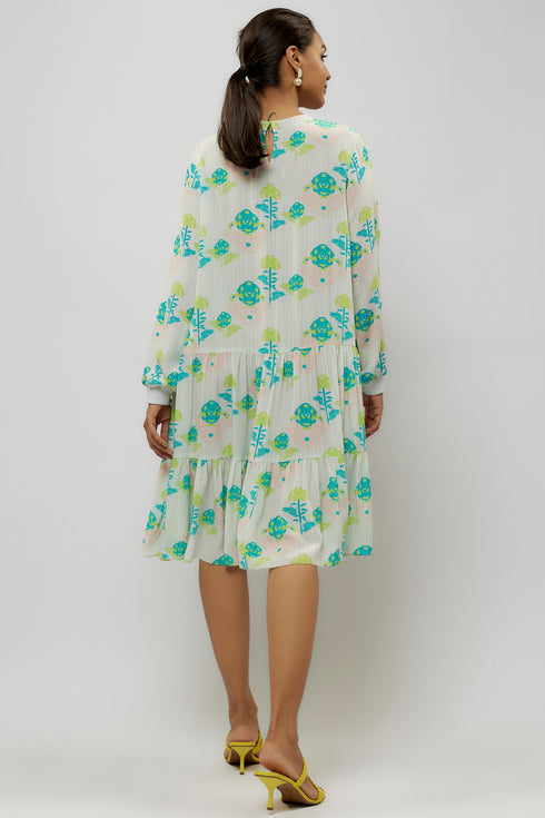 Teal Printed Crepe Frill Hem Tunic