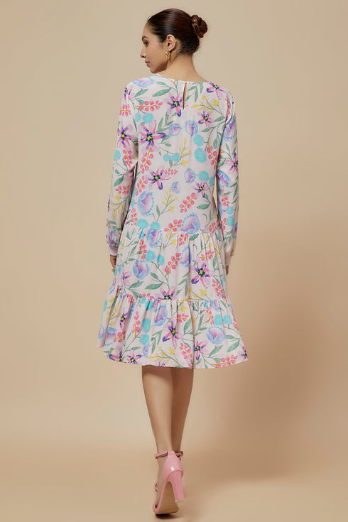 Baby Pink Cream Printed Crepe Frill Hem Tunic