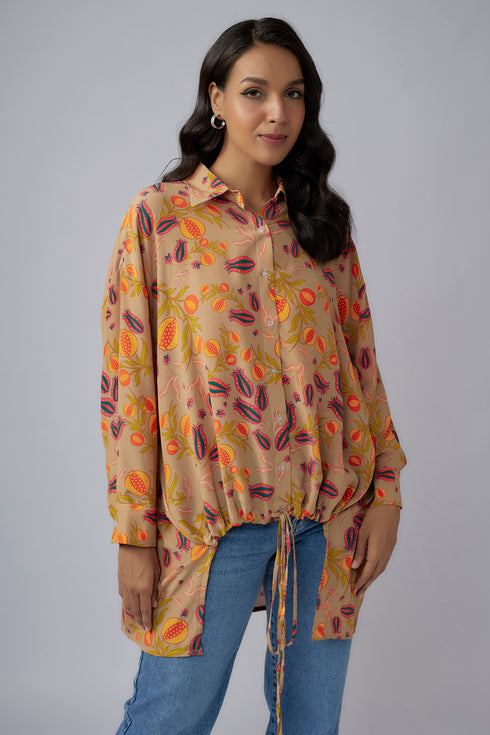 Brown Printed Crepe Shirt Tunic
