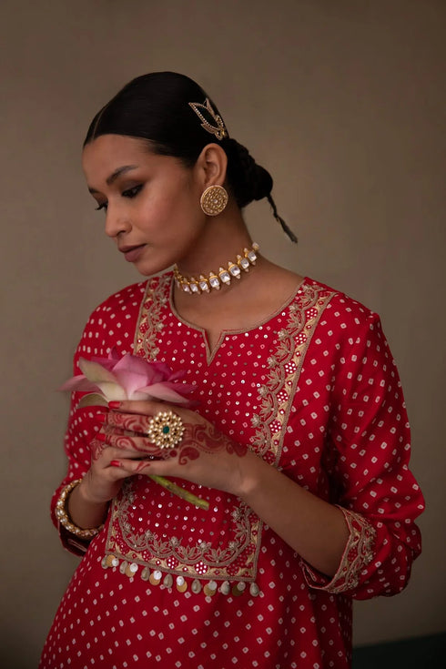 Bandhni Short Kurta With Drape Trouser