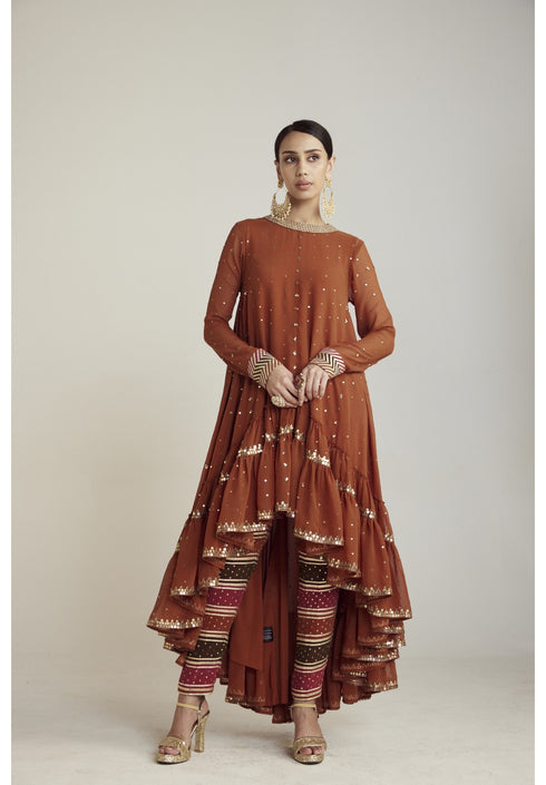Rust Asymmetrical Kurta Pant Set