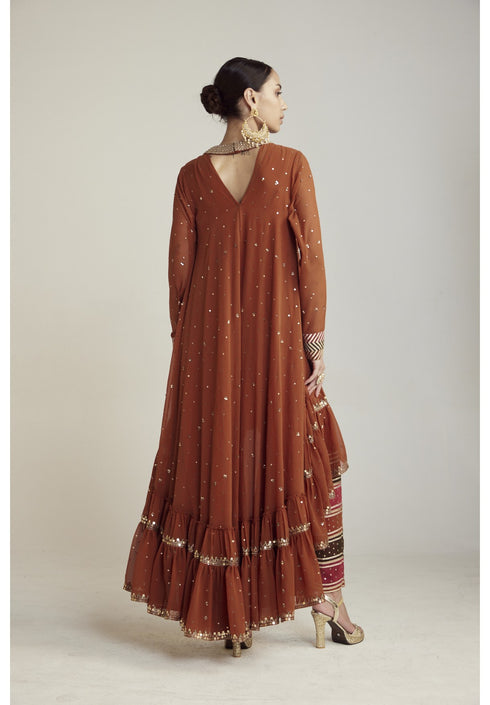 Rust Asymmetrical Kurta Pant Set