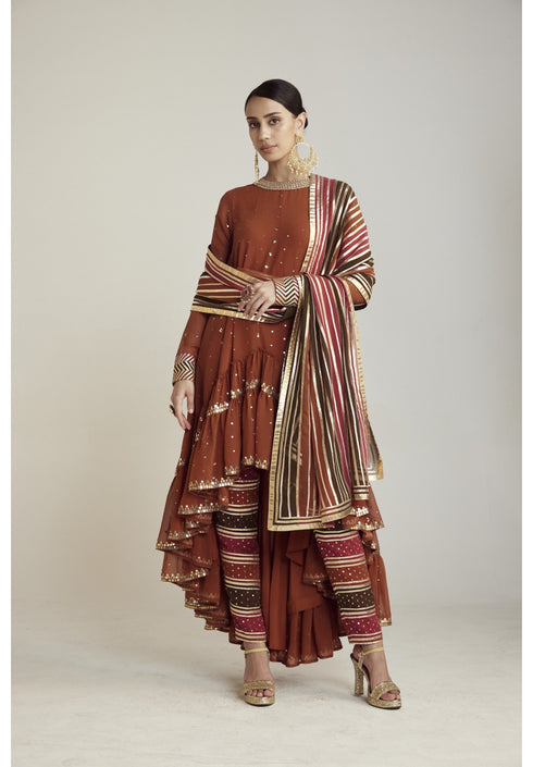 Rust Round Neck Asymmetrical Kurta Pant Set