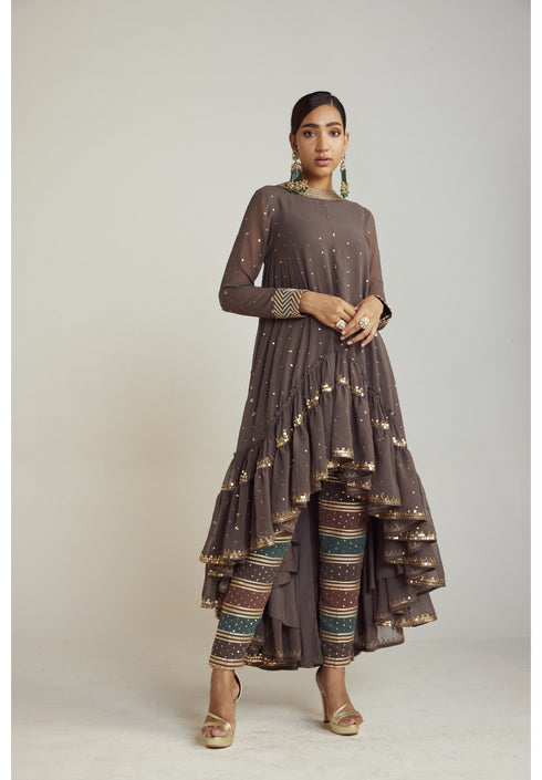 Charcoal Grey Asymmetrical Kurta Pant Set