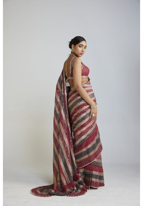 Pre Draped Charcoal Grey Multicolor Saree Set