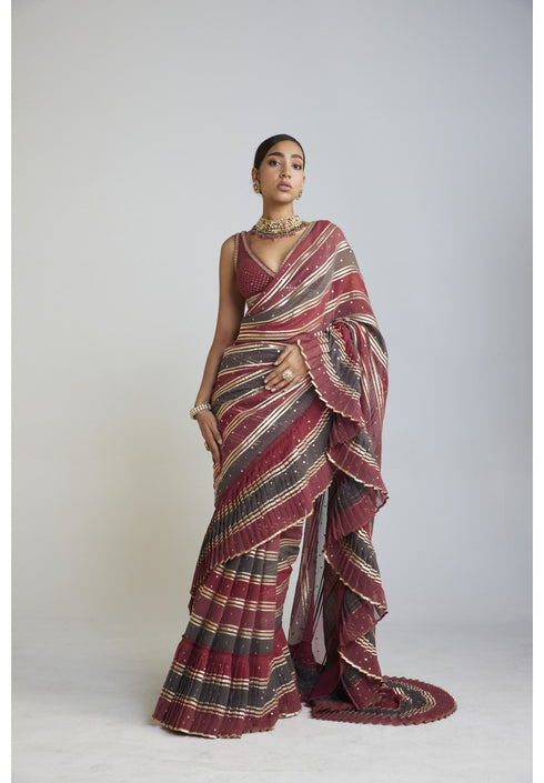 Pre Draped Charcoal Grey Multicolor Saree Set