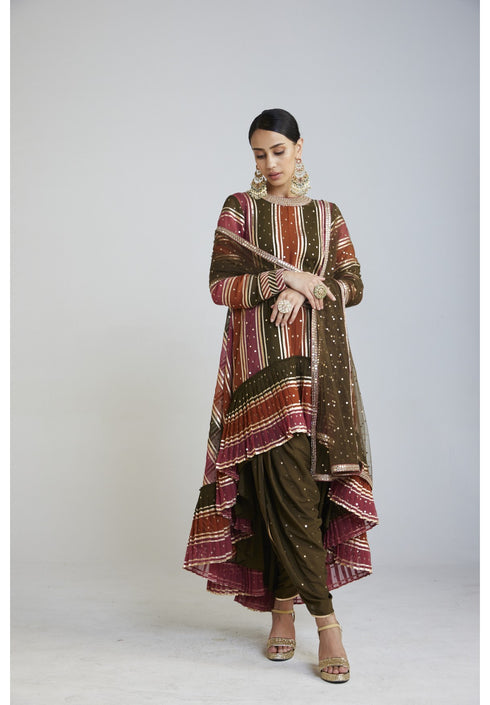 Olive Green Round Neck Asymmetrical Kurta Set