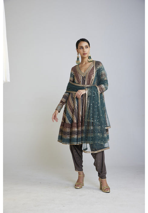 Mud Green V Neck Dhoti Kurta Set