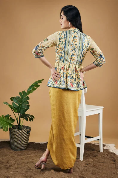 Bird And Tile Printed Peplum Top With Drape Skirt