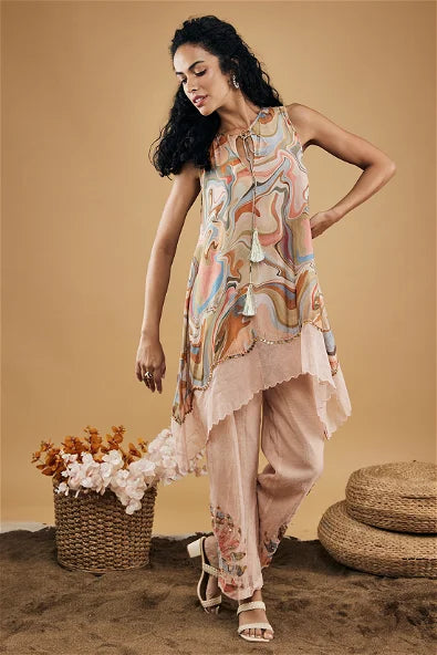 Marble Mosaic Embellished Top With Pants