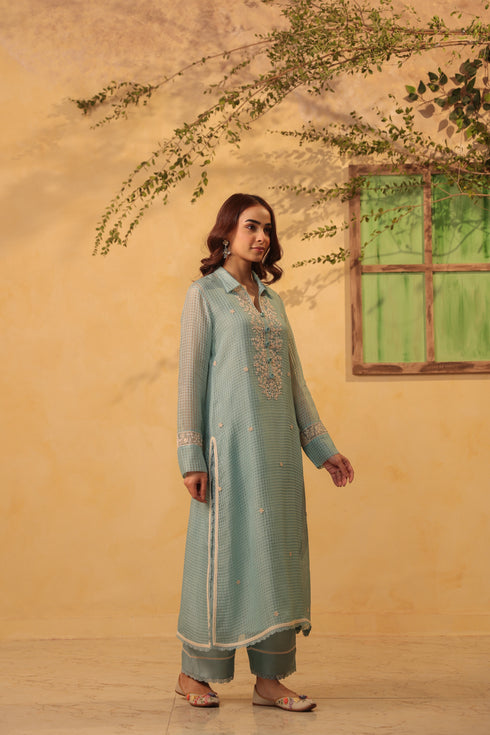Vaayu Light Blue Collar Kurta Set