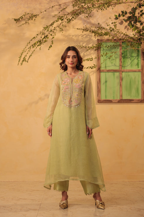 Vaayu Green Applique Yoke Kurta Set