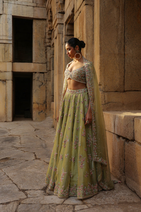 Vaayu Green Multicolor Phool Lehenga Set