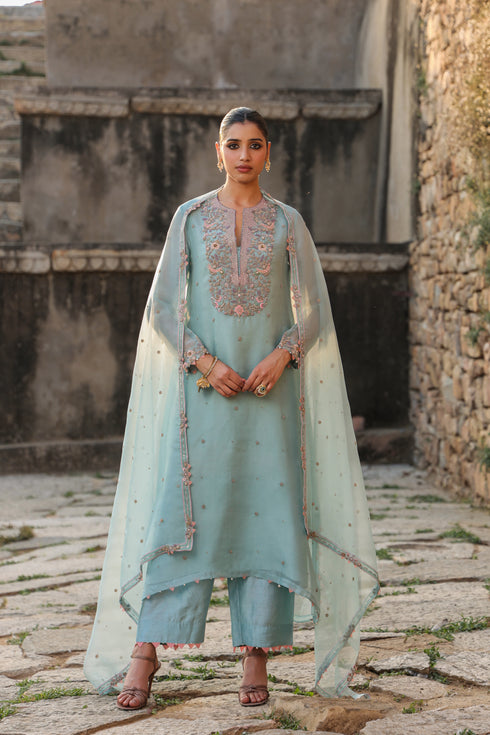 Vaayu Light Blue Heavy Neck Kurta Set