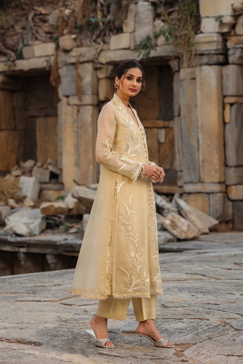 Vaayu Beige Heavy Jacket Kurta Set
