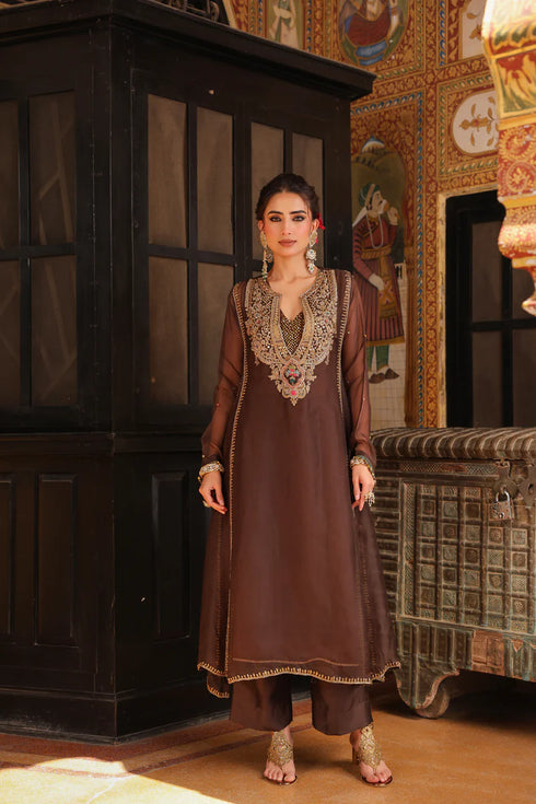 Ahista Brown Pakhi Yoke Pheran Long Kurta Set