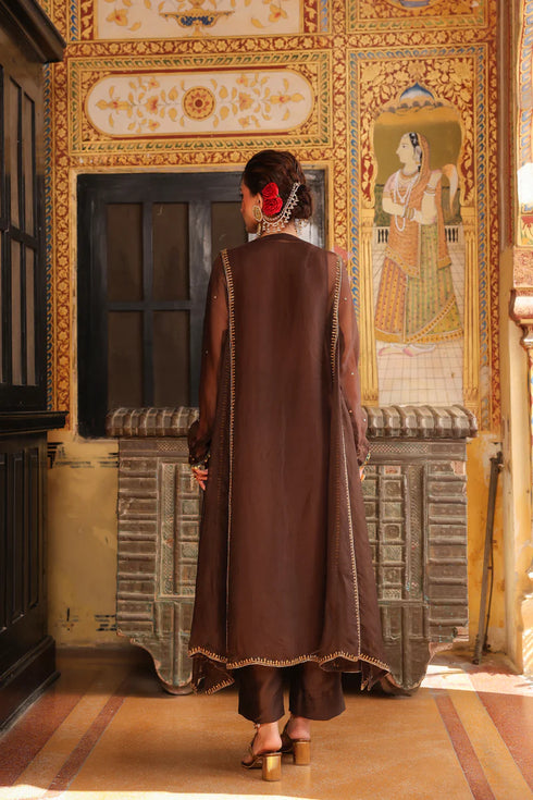 Ahista Brown Pakhi Yoke Pheran Long Kurta Set