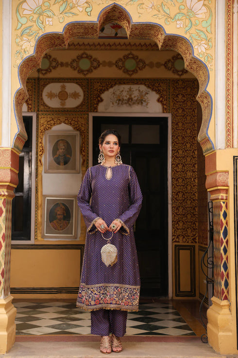 Ahista Purple Printed Mayur Applique Long Kurta Set