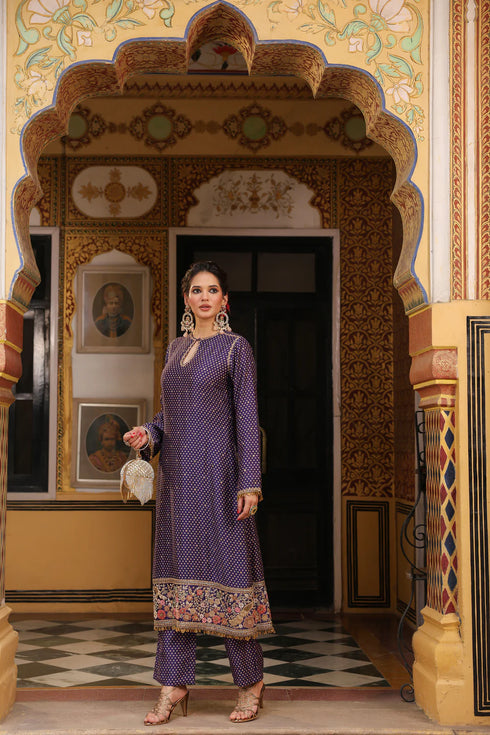Ahista Purple Printed Mayur Applique Long Kurta Set