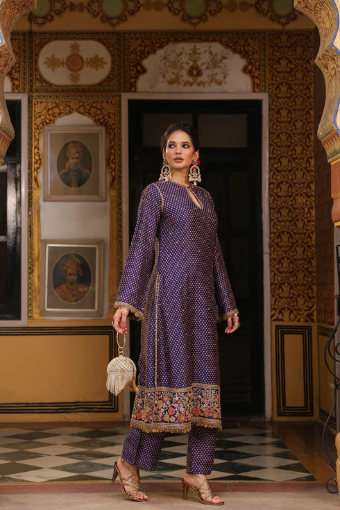 Ahista Purple Printed Mayur Applique Long Kurta Set