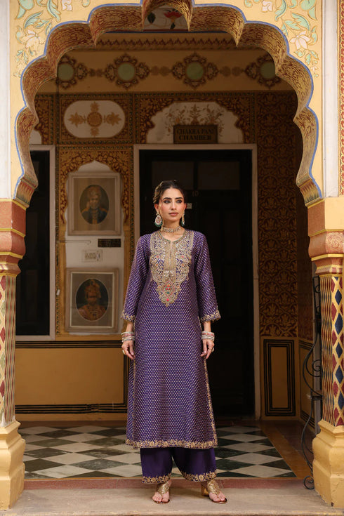 Ahista Purple Printed Pakhi Yoke Heavy Straight Kurta Set