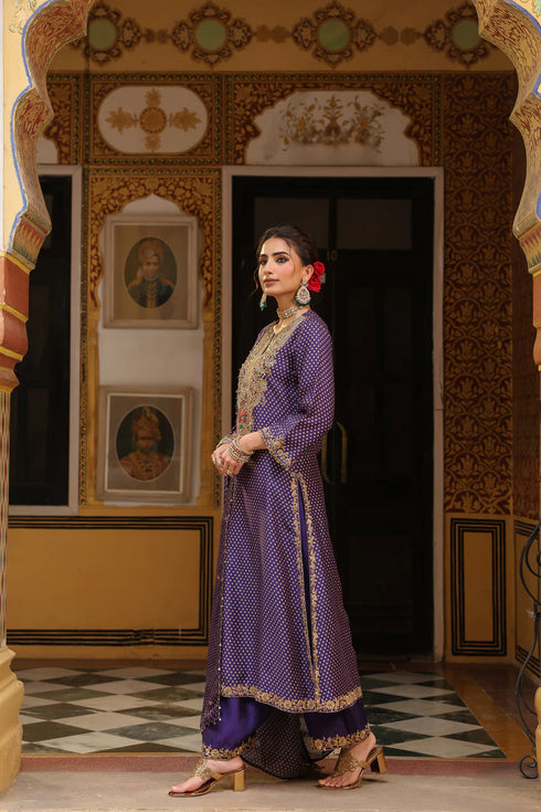 Ahista Purple Printed Pakhi Yoke Heavy Straight Kurta Set