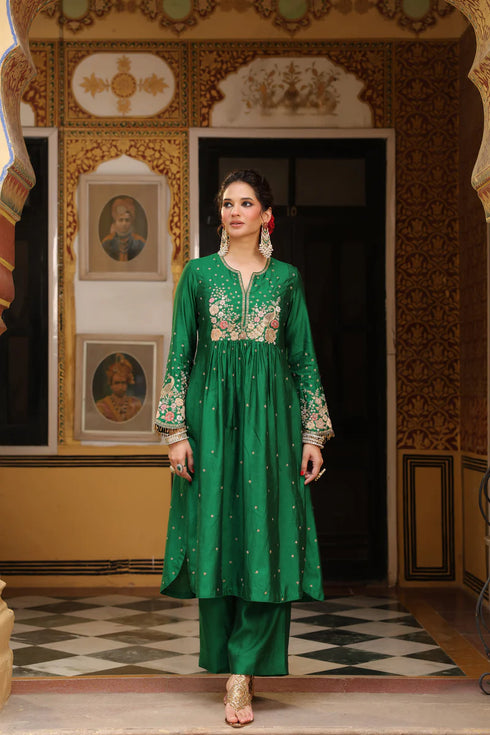 Ahista Green Mayur Applique Frockstyle Kurta Set