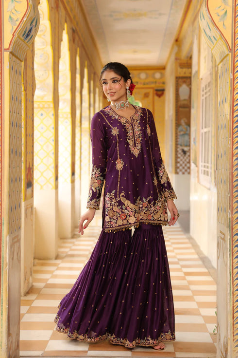 Ahista Purple Mayur Applique Heavy Sharara Set