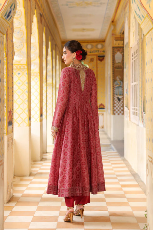 Ahista Maroon Printed Kalidar Set