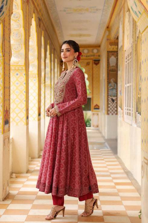 Ahista Maroon Printed Kalidar Set