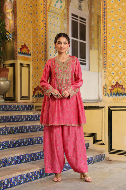 Ahista Pink Printed Pheran Short Kurta Set