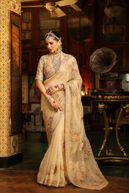 Ahista Ivory Mayur Applique Saree Set