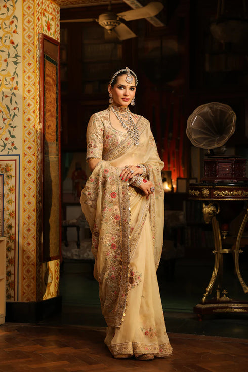 Ahista Ivory Mayur Applique Saree Set