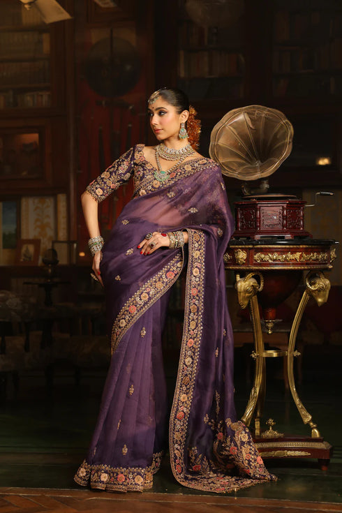 Ahista Purple Mayur Applique Border Saree Set