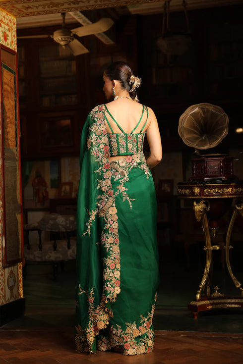 Ahista Green Mayur Applique Cutwork Saree Set