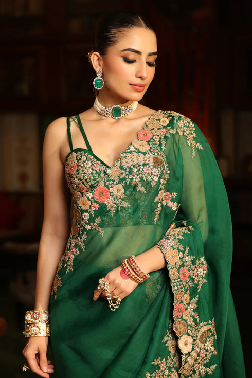 Ahista Green Mayur Applique Cutwork Saree Set
