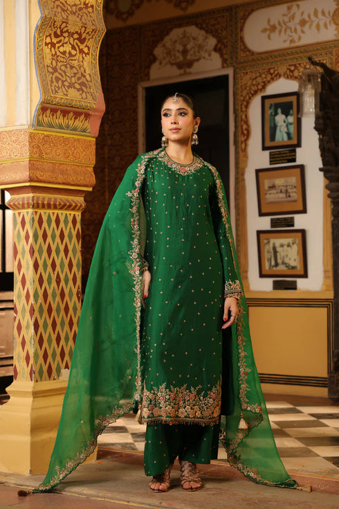 Ahista Green Mayur Applique Long Kurta Set With Heavy Dupatta