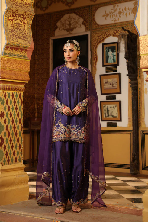Ahista Purple Mayur Applique Short Kurta Set