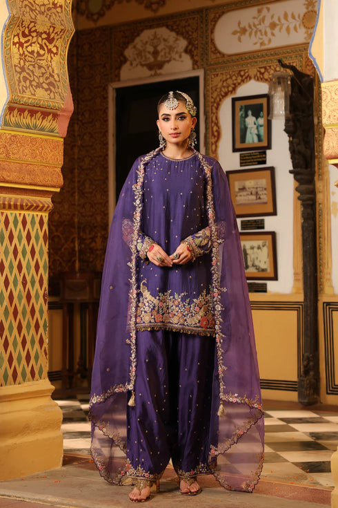 Ahista Purple Mayur Applique Short Kurta With Heavy Dupatta