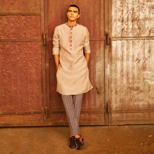 Concrete Grey Kurta With Highlighted Collar And Patti Teamed With Pants